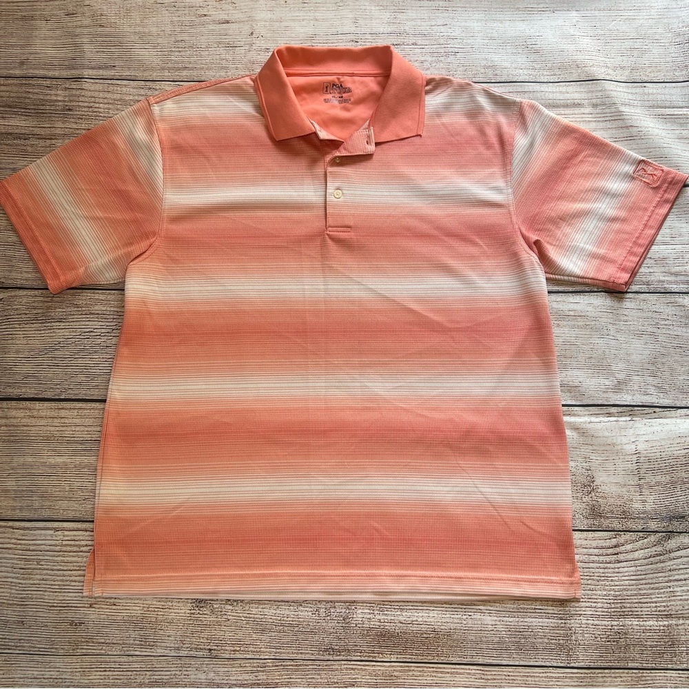 PGA Tour Mens Tangerine Striped Short Sleeve Performance Polo Golf Shirt Size XL